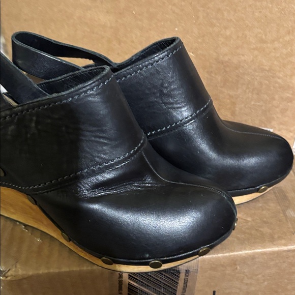 See By Chloe Black Leather Clogs with Wooden Platform